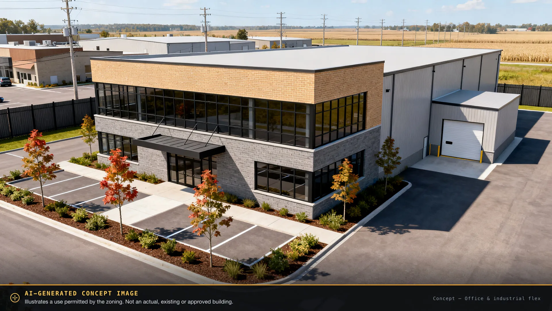 AI-generated concept image of office & industrial flex on the site — not an actual or approved building