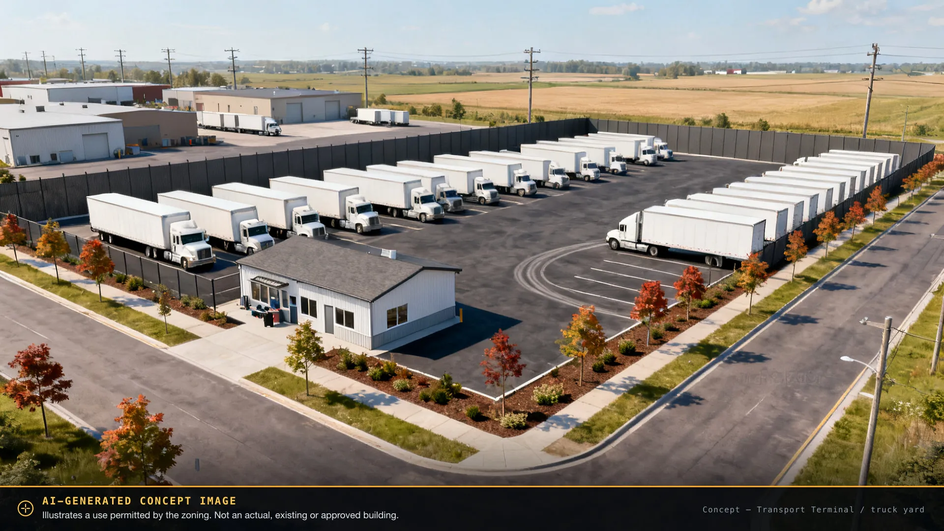 AI-generated concept image of truck yard & transport terminal on the site — not an actual or approved building